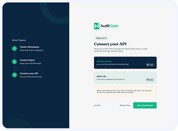 AuditGate Connect API UI setup step
